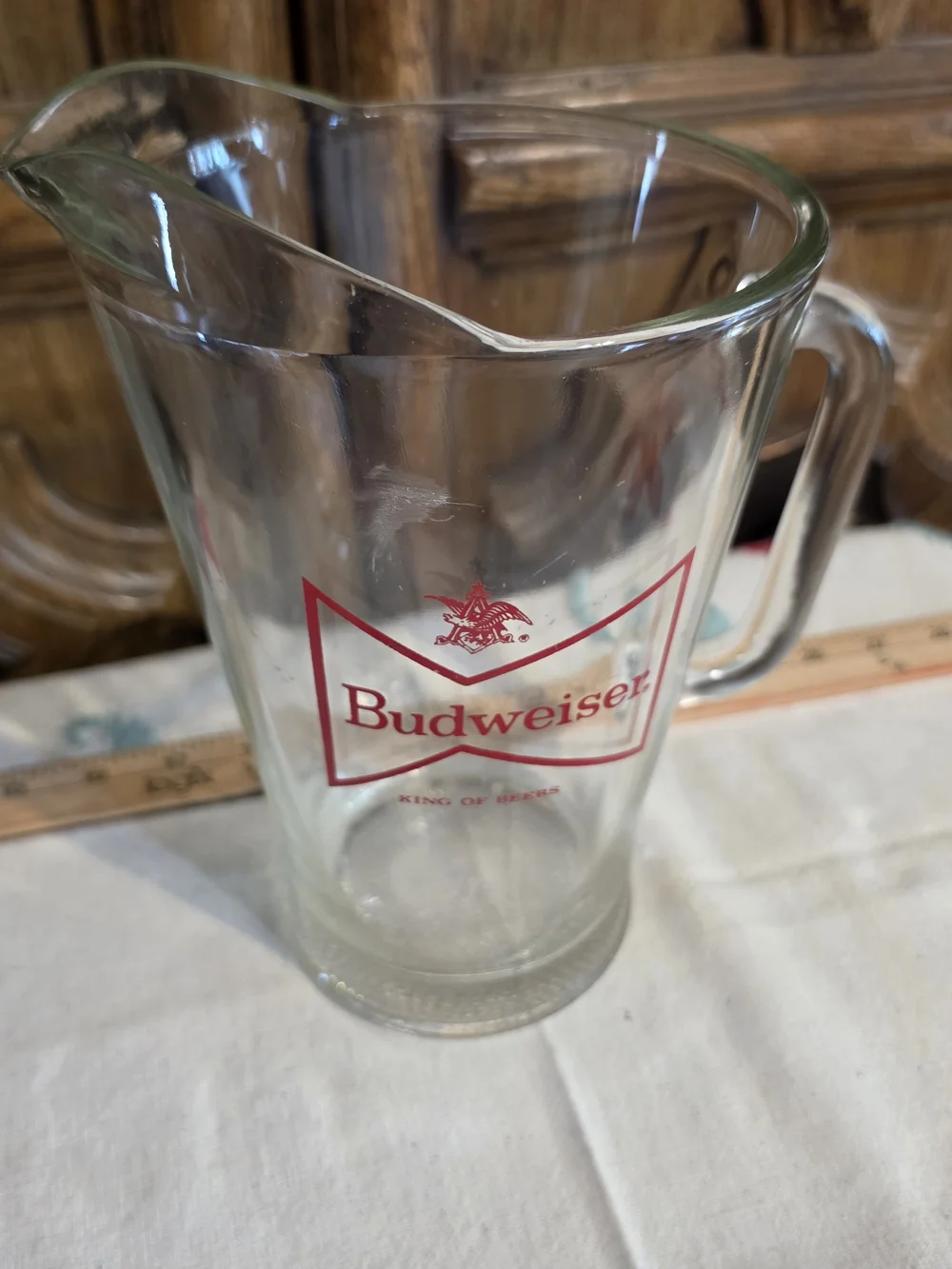 vintage Budweiser glass beer pitcher With iconic red bowtie logo